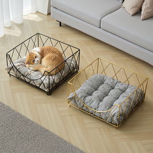 Wrought Iron Pet Bed Rectangle Geometric Pattern Durable Floor Standing <b>Cat</b> Dog Cage With <b>Mat</b> All Seasons Use - Product Image 1