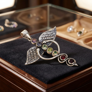 Vintage 925 Silver Rhodium Plated Wings Pendant with Amethyst Multicolor Gemstones Bezel Set Trendy Women's Everyday Wear <b>Charm</b> - Product Image 3