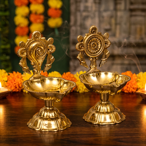 Traditional Brass <b>Oil</b> <b>Lamps</b> Set 2 Radhya Enterprise for Religious Ceremonies Diwali Pooja Decor Geometric Engraved Handicraft - Product Image 1