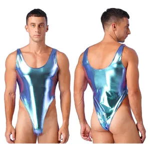 Erkek moda tek parça iç çamaşırı kolsuz yüksek kesim Wetlook Faux deri streç Leotard Bodysuit