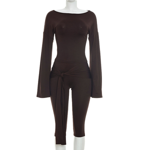 Viviblook Y26ST279 Ensemble décontracté pour femme, haut à épaules dénudées et manches évasées, pantalon court à lacets, ensemble deux pièces - Product Image 4