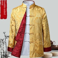 Setelan pakaian kasual pria, untuk musim semi, musim gugur, ayah gaya China, Gaun Retro, jaket dua sisi untuk lansia dan lansia