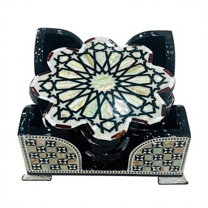 Ensemble de sous-verres en bois égyptien artisanal Sultana - Sous-verres en nacre incrustée avec support, 6 pièces (3,9 pouces) - Product Image 1