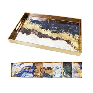 2024 Wholesale Large Square Luxury Modern Hotel Home Decorative Black Blue Marble Gold Silver Plastic Serving Platter Tray Set