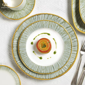Ensemble d'assiettes en céramique JQY, vente en gros, vaisselle en porcelaine verte nordique, ensemble d'assiettes rondes pour la maison et la cuisine - Product Image 2
