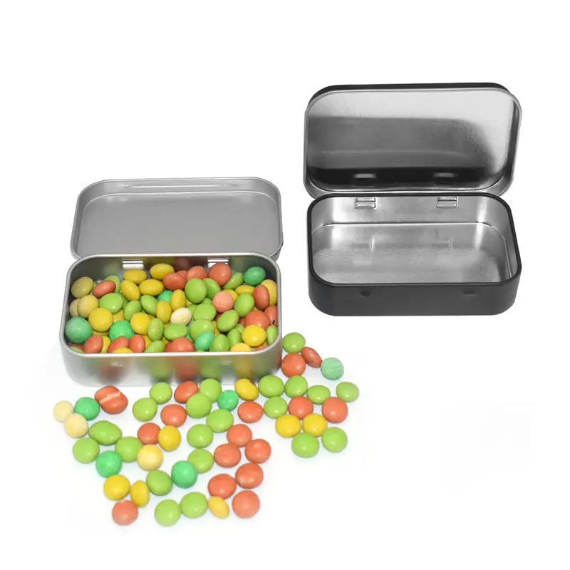 Caixa retangular de metal para doces, caixa pequena com tampa articulada, 58x45x15mm, branco, prateado e preto, com menta e sabão