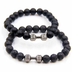 Natural Volcanic Stone <b>Bracelet</b> <b>Men</b> Matte Black Lave White <b>Beads</b> Charm Dumbbell Strand <b>Bracelets</b> Women Fitness Jewelry - Product Image 4