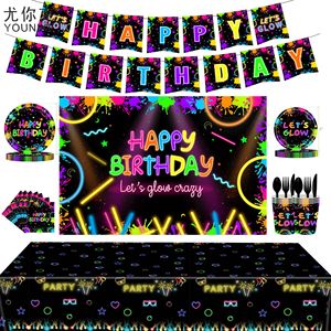 Vaisselle de fête sur le thème du néon, assiettes en papier, gobelets, serviettes, fournitures de fête d'anniversaire néon, jetables, pour usage en intérieur - Product Image 5