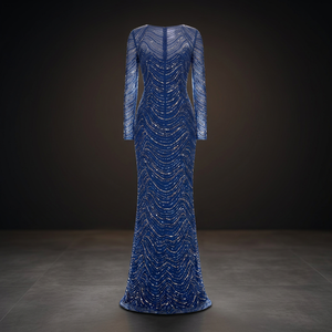 Vestido de Noche Azul Rey con Cuello Redondo, Manga Larga con Efecto Ilusión, Ajustado, Bordado con Lentejuelas, Cintura Natural, Largo hasta el Suelo, Estampado en Serigrafía - Product Image 4