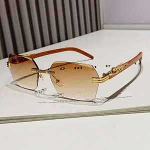 <b>Rimless</b> Gradient <b>Sunglasses</b> Wood Frame Leopard Decor Men UV400 Sun Protection - Product Image 3