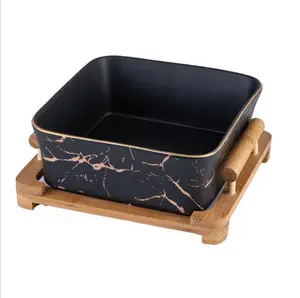 餐厅金边大理石独特方形黑色陶瓷沙拉碗配木架