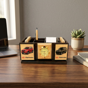 Organizador de Escritorio de Madera con Logotipo Personalizado, Portaplumas, Porta Tarjetas y Reloj de Tamaño Estándar para Regalo Empresarial - Product Image 1