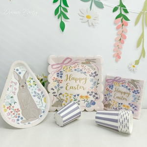 Damai Easter Disposable Tableware <b>Set</b> Paper Plates <b>Cups</b> Napkins With Rabbit Flower Design For Party Celebration - Product Image 1