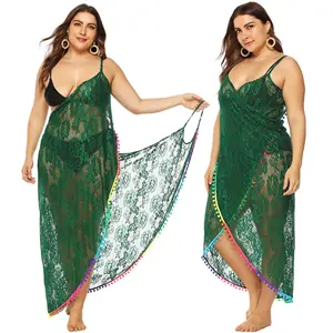 Custom Hot Sale Summer Long Dresses Women Sexy Green Lace Beach Maxi Dress Sarong with Color Tassel