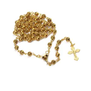 Vintage placcato oro rosa fiore calice croce rosario collana perline di metallo rosario cattolico