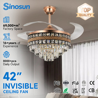 Ventilateur de plafond LED invisible silencieux avec télécommande, style nordique moderne haut de gamme, en cristal, 42 pouces, OEM/ODM