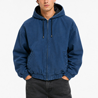 TOPSHOW Blouson en jean personnalisé pour homme, style vintage délavé bleu et noir, avec capuche, décontracté, coupe oversize, zippé, coupe-vent