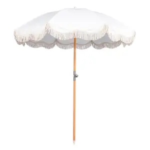 Custom Portable Wood Pole Boho Beach Parasol Luxury Fringed Beach Umbrella With Tassels