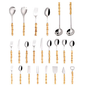 أدوات مائدة بمقبض خيزران طبيعي حقيقي طقم أدوات مائدة من الفولاذ المقاوم للصدأ عالي الجودة أواني مطبخ ومجموعة شوكة - Product Image 6