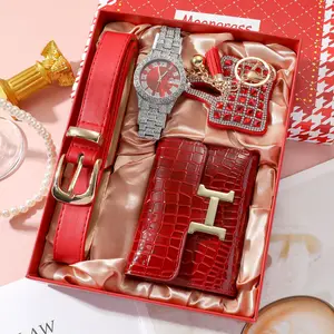 Conjunto de reloj para mujer Caja de regalo Luz roja Reloj de Lujo + Cartera + Llavero + Cinturón Conjunto de regalo Regalo del día de San Valentín