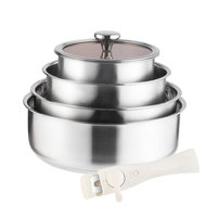 Ensemble de casseroles en acier inoxydable Lecos, 9 pièces, compatible avec l'induction et passe au lave-vaisselle, avec poignée amovible