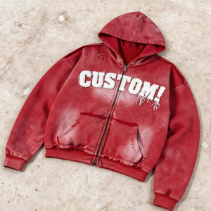Veste polaire à capuche zippée streetwear, avec appliqué brodé effet vieilli, design vintage délavé aux enzymes et à l'acide, et strass - Product Image 2