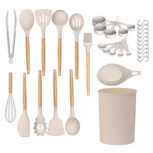 Set peralatan masak kustom isi 33 buah, Set peralatan dapur bambu sendok kayu dengan pemegang