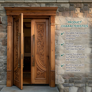 Puerta de Entrada de Madera Sólida GA-48S con Diseño Curvo y Doble Moldura Artesanal para Villa y Apartamento - Product Image 4