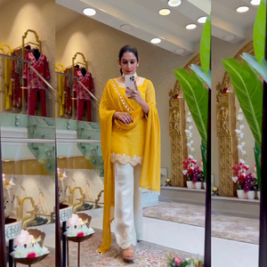 Indian Boutique Designer Yellow Georgette <b>Embroidered</b> Top and Plazzo With Dupatta set For Women Traditional Indian Daily Wear - Product Image 1