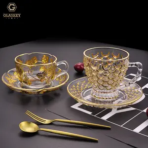 Набор кофейных чашек и блюдца из хрустального стекла, ручная роспись, Золотая чашка для чая, чашка для воды, оптовая продажа