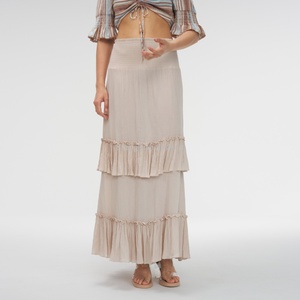 กระโปรงยาวทรงเค้กแต่งระบายจีบแบบซ้อนสำหรับผู้หญิง สีพื้นเรียบง่าย สไตล์ลำลอง - Product Image 2