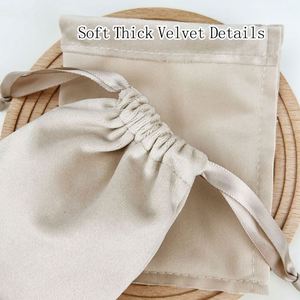Petit sac à cordon en velours épais beige, pochette en flanelle douce et lourde pour montre, flacon de parfum, cosmétiques, emballage anti-poussière - Product Image 5