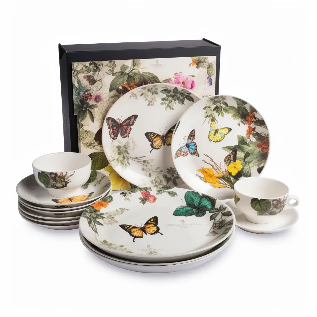 Platos de porcelana con estampado de mariposas y flores de primavera Juego de comedor para fiestas en el jardín al aire libre