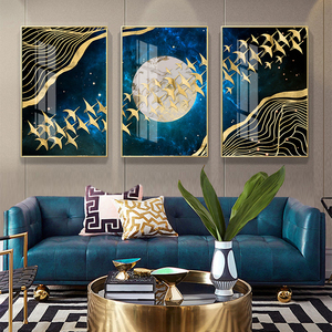 Abstrait lune mur Art doré montagne oiseaux nordique affiches et impressions nature morte mur photos cristal porcelaine peinture - Product Image 2