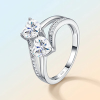 Premium Fashionable Women's Commuter Livestream Bestseller Double-heart Moissanite 925 Silver Nonfading Niche Design Ring
