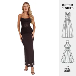 Custom Vacation Casual Elegant Sexy Halter Black Tulle See Through Pleated Dinner Party Club Women's Long Dresses