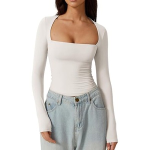 Top da donna a maniche lunghe con scollo quadrato, t-shirt a costine aderente, tinta unita, basic, snellente, casual, crop top Y2K - Product Image 5