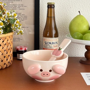 Set di stoviglie per bambini maialini simpatico cartone animato con crema cucciolo di riso in ceramica e <span class=keywords><strong>ciotola</strong></span> di Noodle con cucchiaio per insalata di Dessert - Product Image 4