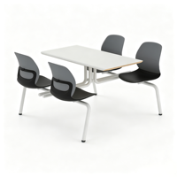 Table rectangulaire blanche design moderne 4 places, chaises en plastique noir, pieds en métal, chaises et tables de restaurant