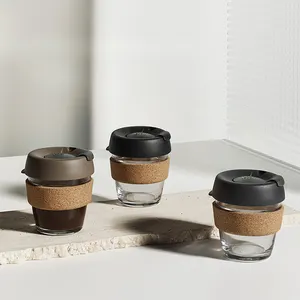 كوب قهوة زجاجي مع غطاء سيليكون قابل لإعادة الاستخدام من الفلين الشفاف