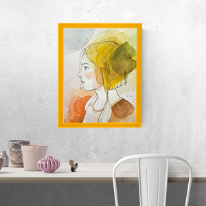 Impression d'art de portrait à l'aquarelle encadrée jaune, décoration murale, rectangle vertical, cadre magnétique fait main - Product Image 1