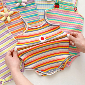 Barboteuse d'été fine pour bébé fille, à bretelles, rayée, <span class=keywords><strong>en</strong></span> coton élasthanne, mi-mollet, avec fermeture boutonnée discrète, adorable, une pièce - Product Image 3