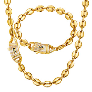 Collar y Pulsera de Cadena de Granos de Café Estilo Hip Hop de Acero Inoxidable Bañado en Oro de 14K de 6/8/10 mm, Cadena Mónaco a la Moda - Product Image 1