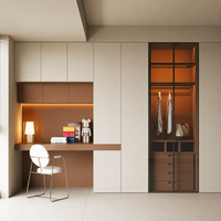 Armoire moderne autoportante minimaliste sur mesure avec bureau intégré, coiffeuse, rangement et étagères ouvertes pour optimiser l'espace