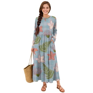 Elegante Abito Lungo a Maniche Corte con Collo Rotondo per Donna (Stampato su Richiesta) Stampa floreale hawaiana personalizzata. - Product Image 3
