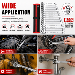 Jeu de Clés Mixtes à <span class=keywords><strong>Cliquet</strong></span> à Tête Articulée 16 Pièces, Kit de Clés Combinées en Acier Chrome Vanadium, Outil à Main Professionnel - Product Image 6
