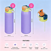 Gourde isotherme à double paroi en acier inoxydable pour enfants, avec ouverture à clapet facile, sans BPA, portable, avec poignée de transport
