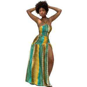 Robe longue africaine sexy à contraste de couleurs, dos nu, à volants et fente, pour femme, tendance - Product Image 1