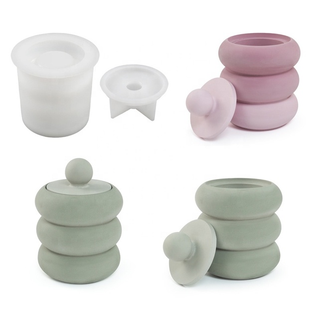 CARATTE Donut Round Concrete Resin Candle Holder Silicone Mold with Lid Cement Jesmonite Mould