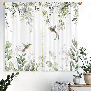 Rideaux <span class=keywords><strong>de</strong></span> cuisine en tissu vert eucalyptus, 2 panneaux, motif floral <span class=keywords><strong>de</strong></span> feuilles vertes sauge et colibris, petits rideaux courts pour café - Product Image 1